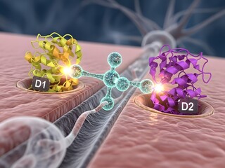 3D illustration showing dopamine neurotransmitter binding to dopamine receptors (D1, D2) on the neuron surface. Detailed depiction of receptor sites, neurotransmitter docking, and the activation proce