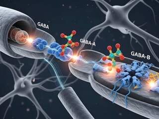 3D illustration of GABA neurotransmitter binding to GABA receptors (GABA-A, GABA-B) on the surface of neurons. Detailed depiction of receptor interaction, synaptic cleft, and inhibitory neurotransmiss