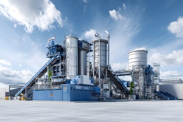 A large industrial processing plant stands on an open concrete site under a partly cloudy sky.