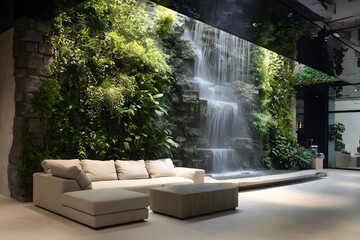 A large beige sofa sits in front of an indoor vertical garden with a cascading waterfall.