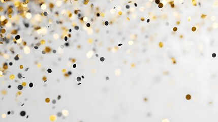 Golden and black confetti pieces float and fall against a light, blurred background.
