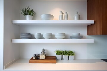 White floating kitchen shelves hold neatly arranged dishes, bowls, and small plants against a clean minimalist wall.
