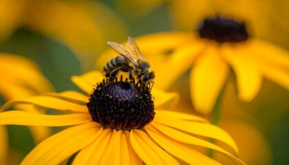 A honeybee, covered in pollen, lands on a vibrant yellow flower with a dark center, captured up close