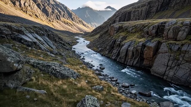 An awe-inspiring view captures a powerful, rapid river carving its way through a deep, dramatic mountain valley. Towering, rugged rock faces with sparse patches of green and golden vegetation flank th