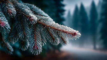 A frosted pine branch hangs in sharp focus against a misty forest background.