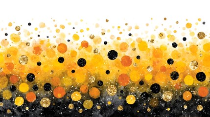 Clusters of yellow, orange, and black circles form an abstract pattern against a white background.