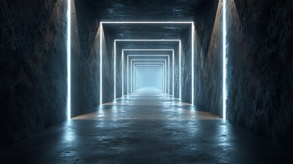 Dark futuristic corridor with zigzag neon lights, concrete tunnel perspective, blue reflections, cinematic sci-fi atmosphere