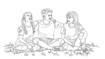High-quality black continuous line art of school-age friends sitting on grass talking and laughing, kids socializing outdoors, minimalistic illustration