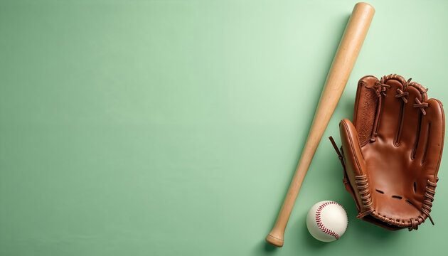 Brown leather baseball glove, wooden bat, and white ball rest on pastel green background. Simple flat lay composition shows sports equipment for game or practice. Top view of vintage athletic gear.