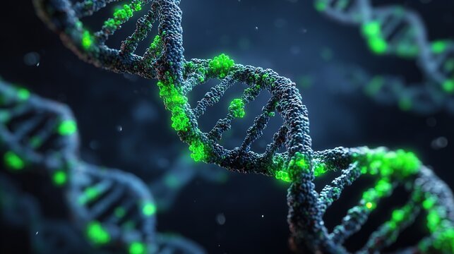 DNA methylation modification process, methyl groups binding to DNA strands, green fluorescent labeling, dark blue scientific background schematic