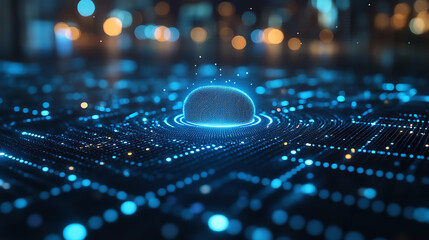 Futuristic data visualization with glowing circuits and digital elements highlighting advanced technology concepts.
