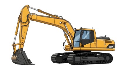 Heavy construction equipment yellow excavator isolated on white background digital illustration in side view for industrial projects