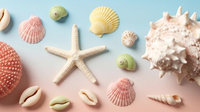 A collection of colorful seashells, starfish, and sea urchin on a blue to pink gradient