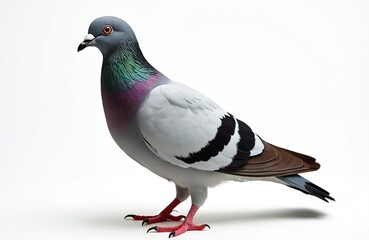 Naklejka premium City pigeon bird stands against white background. Ornithology subject, feathered creature, dove family member, avian life form. Single dove, wild animal, domestic bird, birdwatching.