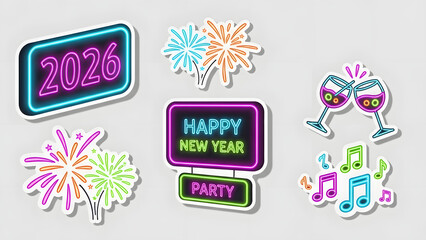 A collection of vibrant neon-style stickers and icons for New Year 2026 celebrations, featuring fireworks, party signs, and clinking glasses.