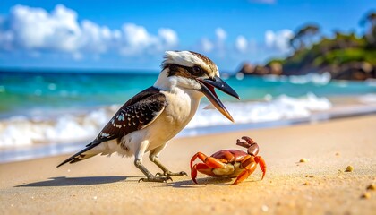 A kookaburra stands on a sandy beach, beak open, looking at a crab with an ocean backdrop