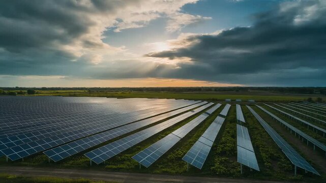 Vast agrivoltaic solar panel farm bathed in golden hour sunlight, showcasing renewable energy infrastructure integrated into a rural landscape