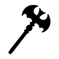 Ornate black silhouette of a double-headed axe with a decorative handle and bat-wing blade design Vector