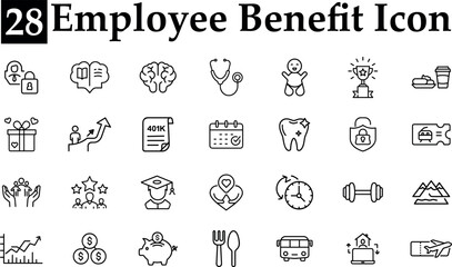 28 employee benefit icon set outline style collection of business, health, finance, and education symbols isolated on transparent background