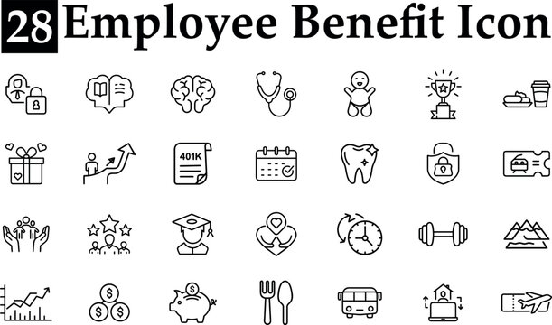 28 employee benefit icon set outline style collection of business, health, finance, and education symbols isolated on transparent background