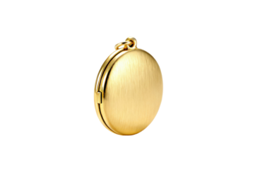 A luxurious brushed gold oval locket pendant with intricate detailing, isolated on a deep transparent