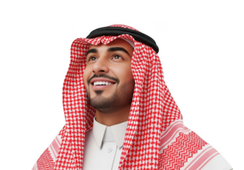 Smiling young arabic man in traditional attire, isolated on transparent background