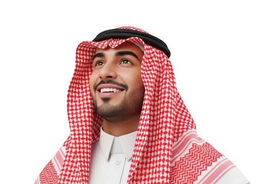 Smiling young arabic man in traditional attire, isolated on transparent background