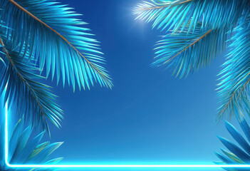 Obraz premium Neon Palm Leaves and Blue Sky Frame Against a Bright Sky with Geometric Lines