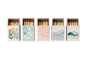 Naklejka premium A Row of Five Artistic Matchboxes with Different Charming Designs Isolated on Transparent Background