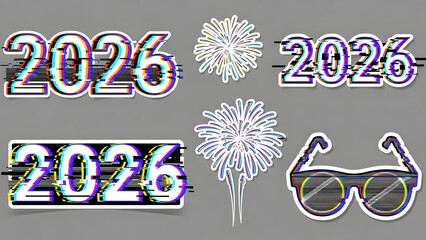 Collection of 2026 year numbers with glitch effect, fireworks, and sunglasses stickers for New Year celebration.