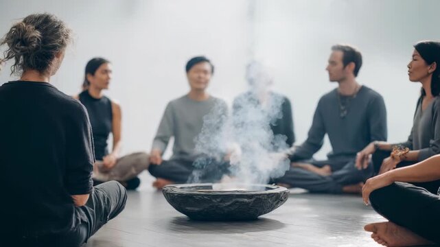 Individuals of various backgrounds practice group meditation, focusing on inner peace and collective mindfulness. Soft natural light and incense create a peaceful, harmonious environment