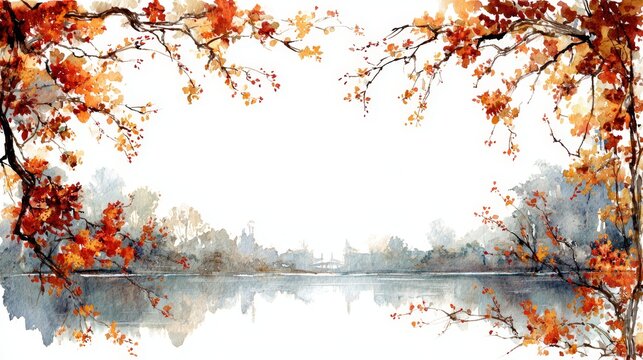 Vibrant autumnal tree branches frame a peaceful lake with reflections and misty distant trees, rendered in a watercolor painting style with ample copy space. - Powered by Adobe