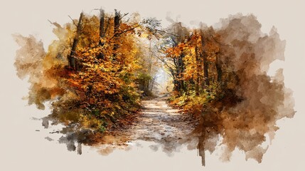 A winding path through a vibrant autumn forest with colorful fall foliage depicted in a beautiful watercolor painting style.