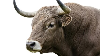 Close-up of a Braunvieh bull's head with majestic horns, demonstrating its powerful presence and