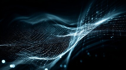 Abstract digital network with glowing lines and interconnected dots creating a futuristic data flow visualization against a dark background.