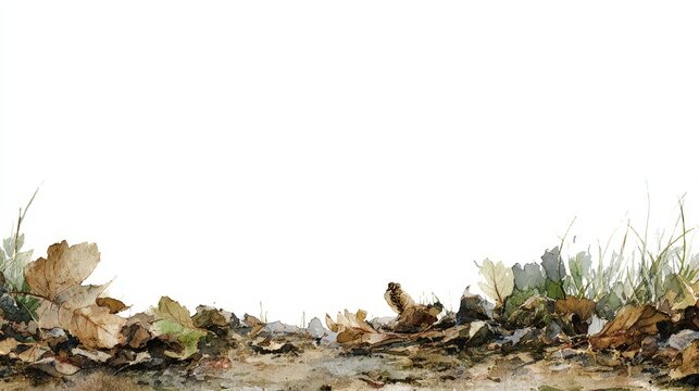 Watercolor illustration of a ground border with dry autumn leaves and green grass against a clean white background.