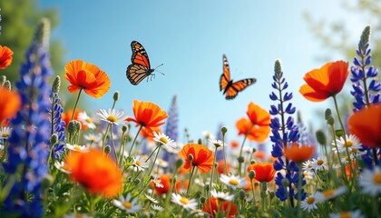 Two monarch butterflies fly over a field of poppies and lupine flowers under a clear blue sky. The colorful meadow buzzes with life, showcasing nature beauty in full bloom during a sunny spring day.