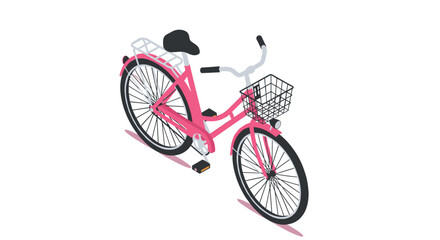 Fototapeta premium An isometric illustration of a vibrant pink city bike with a front basket and rear rack, isolated on a white background.