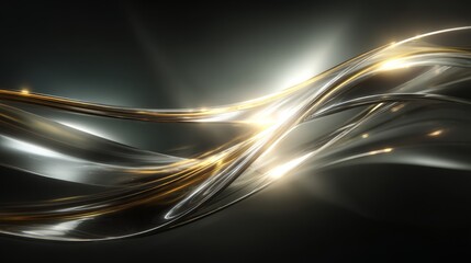 Abstract elegant metallic and golden lines flow dynamically, intertwining with glowing highlights against a dark, futuristic background.