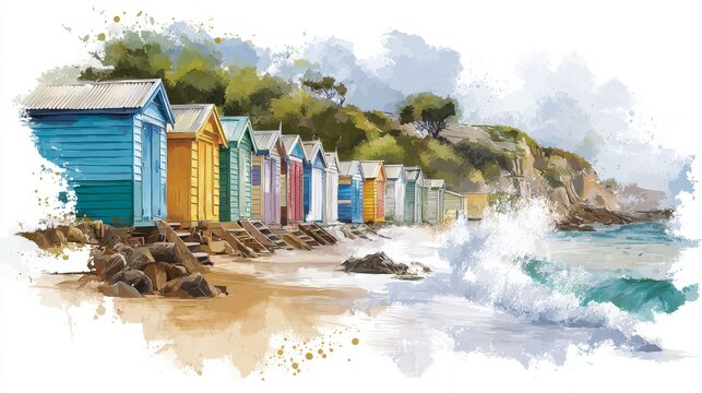 Vibrant colorful beach huts line a sandy beach as ocean waves crash on the picturesque coastline with green hills in a dynamic watercolor painting style. - Powered by Adobe