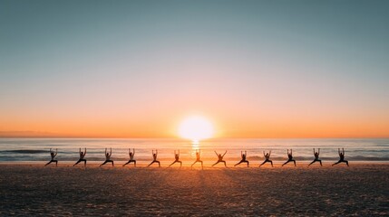 Silhouetted group performing yoga poses on a sandy beach at a vibrant sunset over the ocean.