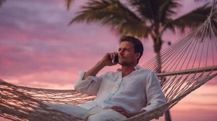 Man talking on a mobile phone while relaxing in a hammock at a tropical beach during a vibrant pink and purple sunset.