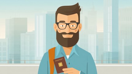 Bearded man holding a passport in an urban cityscape with flat design illustration style.