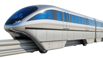 Sleek silver monorail train isolated PNG, futuristic public transportation vehicle on transparent background for urban planning and design