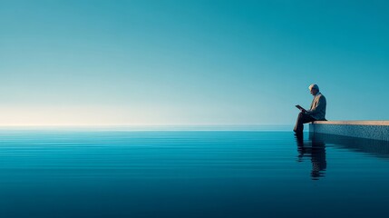 Senior man reading a digital tablet while sitting on an infinity pool edge, feet dipped in water, overlooking a serene ocean and clear blue sky.