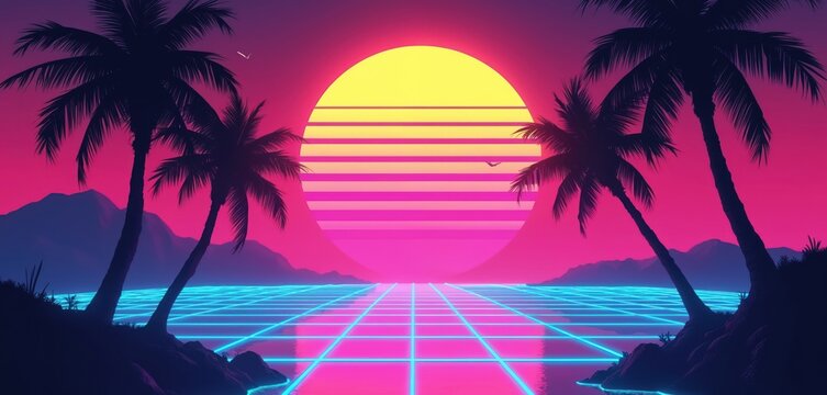 Retro style neon sunset over ocean with palm trees. Wireframe grid on water surface reflects vivid pink sky. Abstract synthwave island landscape, digital art.