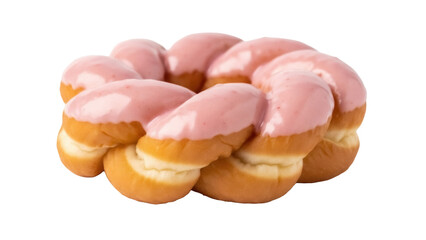 Delicious pink glazed mochi donut isolated PNG, sweet Japanese dessert with a chewy texture on transparent background