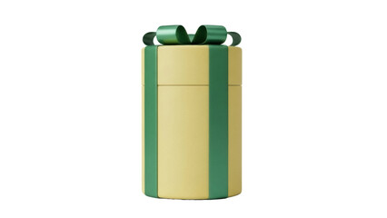 Cylindrical gift box with green ribbon isolated PNG, present for birthday or Christmas on transparent background, festive surprise