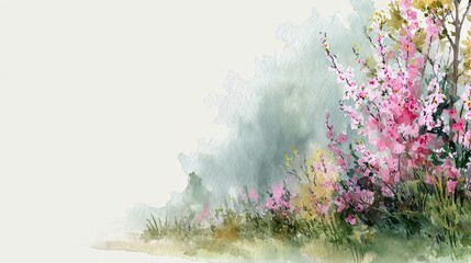 Soft watercolor painting of pink and yellow spring flowers blooming in a tranquil garden with ample copy space.