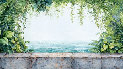 Vibrant watercolor painting depicting a stone wall overlooking a calm blue ocean, framed by lush green tropical plants and vines, offering serene natural copy space.